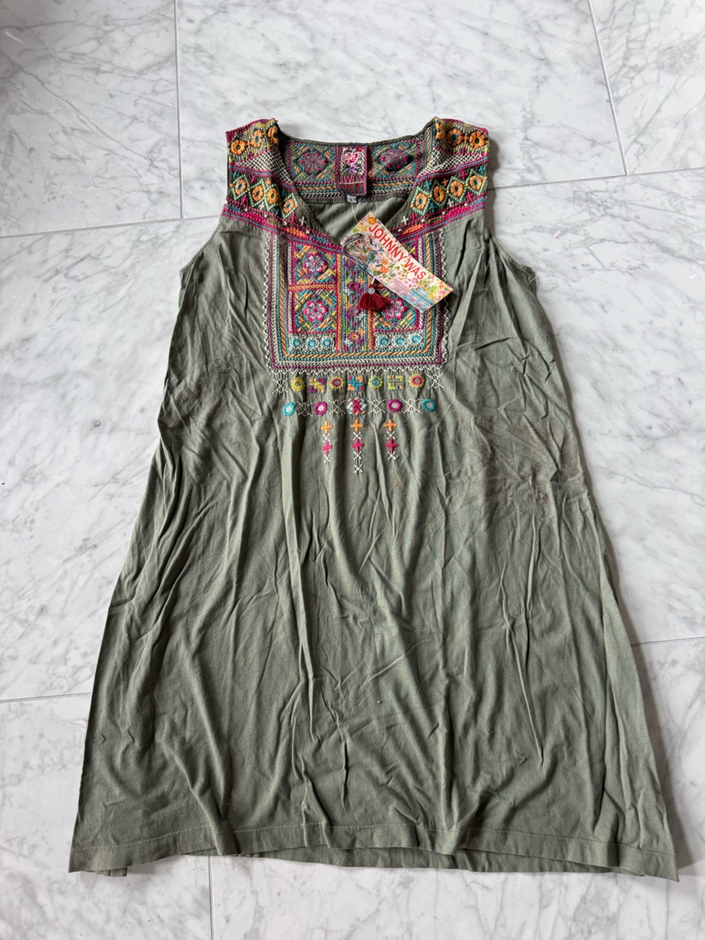 Johnny Was Olive Green Embroidered Dita Yoke Tank long tunic  Dress Large
